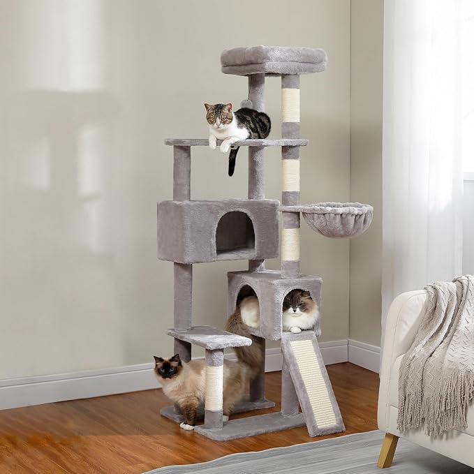 PEQULTI 60'' Cat Tree, Tall Cat Tower with 2 Large Condos, Wide Top Perch, Cozy Hammock and Sisal Scratching Posts for Indoor Cats Lare Adult Gray