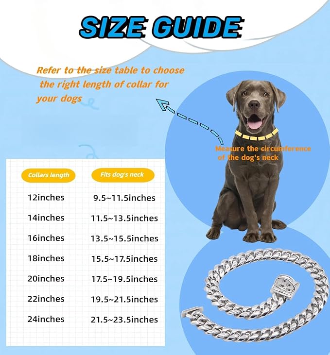 Dog Chain Collar Silver Cuban Link Chain Collar with Secure Buckle Design,15MM Stainless Steel Metal Walking Training Collars, Chew Proof, Suitable for Small Medium Large Dogs (Silver,24'')