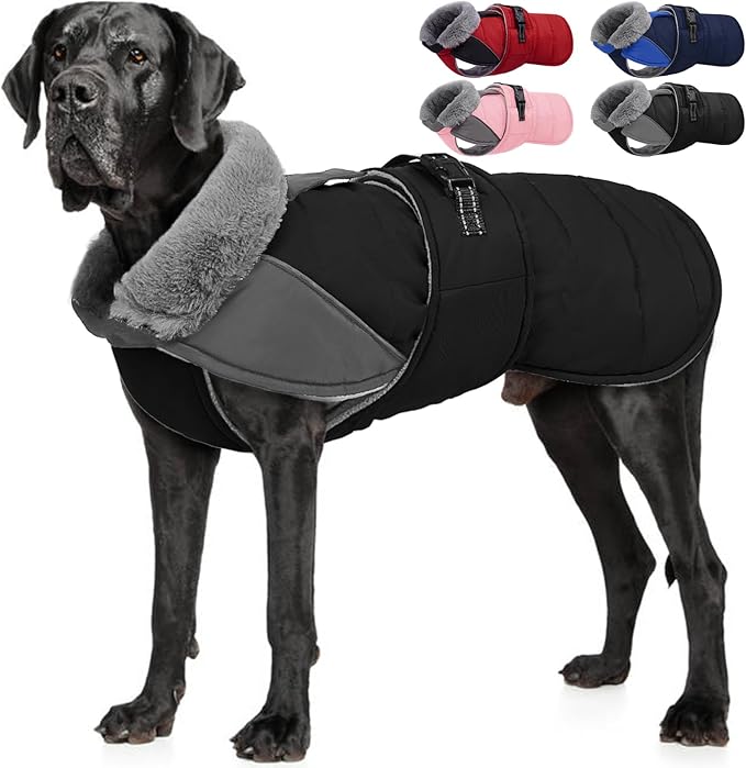 Nanaki Large Dog Coat Rainproof-Warm Giant Breed Dog Jacket With Leash Hole, Fleece Lining Reflective Great Dane Winter Coat Doberman Jacket For Cold Weather Outdoor Walking Hunting, Camping,Black 3XL