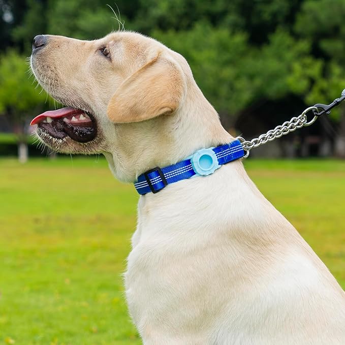 Cymiler Martingale Dog Collar with AirTag Holder, Reflective Nylon Training Collar, Stainless Steel Chain, Heavy Duty Buckle, Limited Slip Collars for Small Medium Large Dogs (Blue, Large)
