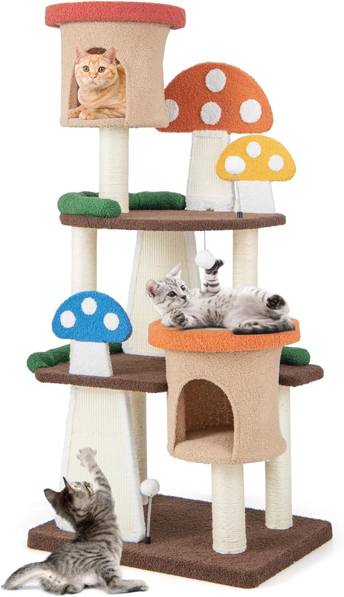 Nightcore Mushroom Small Cat Tree, 57.5" Multi-Level Cat Tower w/Natural Sisal Scratching Posts & Boards, Cat Tree w/Interactive Balls & 2 Cozy Cat Condos for Indoor Cats Large Adult