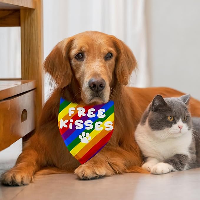 Free Kisses Rainbow Dog Bandanas, LGBTQ+ Pet Accessories for Pride Day Month Gifts for Dogs Owners LGBTQ+ Pride Dog Bandana Rainbow Pet Scarf for Small Medium Cats Dogs