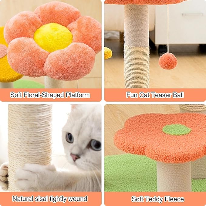 Flower Cat Tree 22.4 inches for Indoor Cats, 3-Story Cat Tower with Scratching Post, Multi-Functional Plush Cat Condo with Interactive Ball Toy, Protects Furniture with Durable Sisal Pole(Orange)