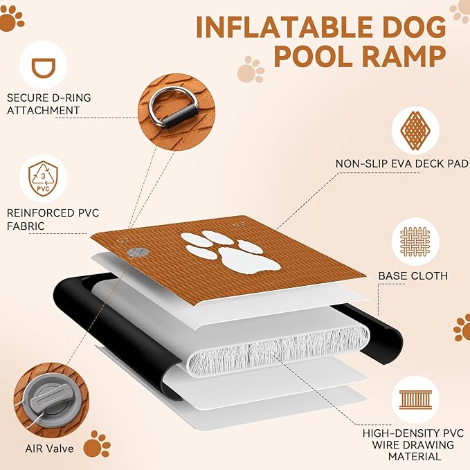 FBSPORT Inflatable Dog Boat Ramp Floating Dock Water Ladder for Pool, Boat, Non-Slip EVA Floating Ladder Pool Ramp for Dog Up to 220 LBs, Safe & Easy Access
