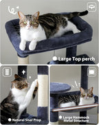 PEQULTI Cat Tree for Large Cats with Metal Frame Big Hammock, Cat Tower for Indoor Cats with 2 Door Condo House, [56.3"=143cm] Multi-Level Cat Shelves with Scratching Posts and Top Perch, Dark Grey