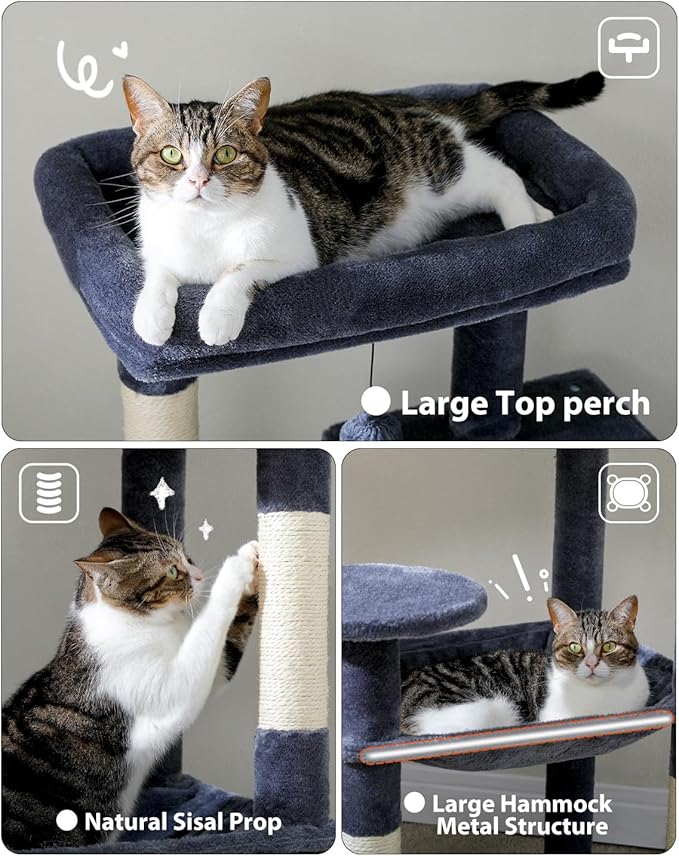 PEQULTI Cat Tree for Large Cats with Metal Frame Big Hammock, Cat Tower for Indoor Cats with 2 Door Condo House, [56.3"=143cm] Multi-Level Cat Shelves with Scratching Posts and Top Perch, Dark Grey