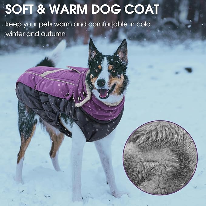 Queenmore Warm Fleece Dog Jacket, Cold Weather Waterproof Snowsuit, Reflective Turtleneck with Leash Hole, Small to Large Dog Coats (Purple, L)