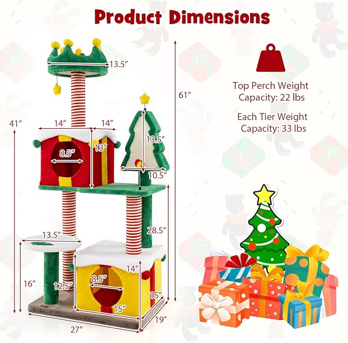 Tangkula 61 Inch Christmas Cat Tree, Multi-Level Tall Cat Tower with Sisal Scratching Posts & Board, 2 Gift Box-Shaped Cat Condos, Plush Padded Top Perch, Spring & Dangling Balls for Indoor Kittens