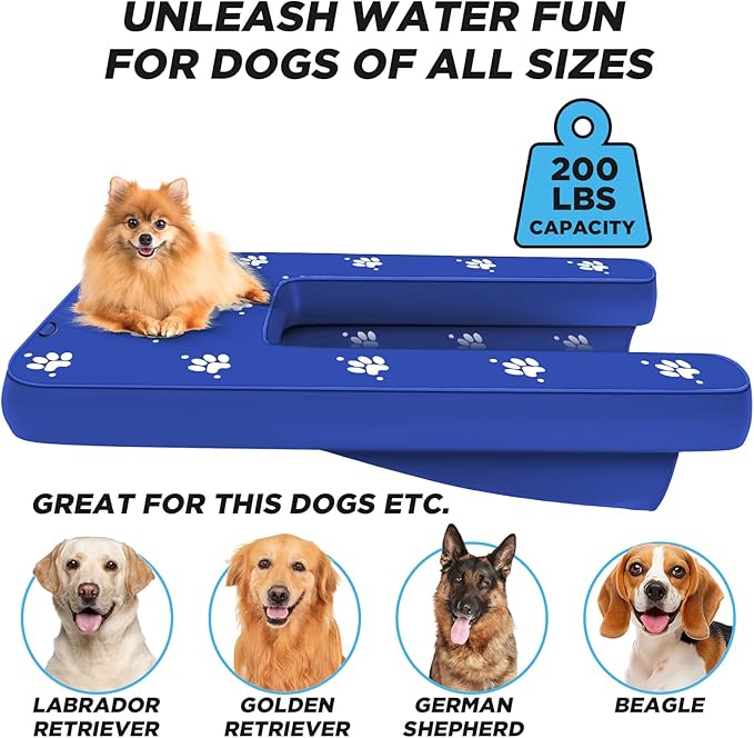 Inflatable Dock Platform, Dog Boat Ramp Floating Non-Slip Oxford and PVC with Water Ramp for Dogs Pool, Dock, Lake with Traction Rope, Manual Air Pump (4.7ft x 3ft x 6in) Blue