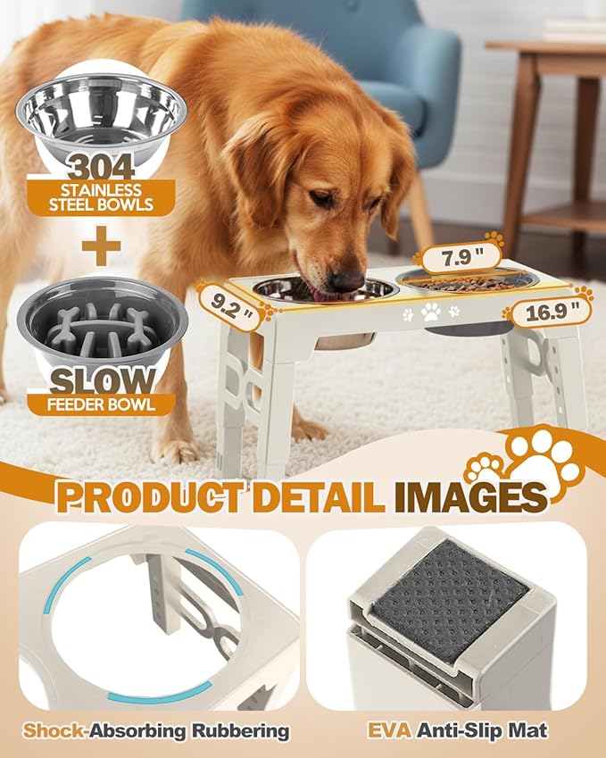 Elevated Dog Bowls for Medium Size Dogs, Non-Slip Dog Feeder with 1*Stainless Steel Dishes & 1*Slow Feeder Bowl, 5 Heights Adjustable Raised Bowls to 3.15″-8.66″-9.84″-11.02″-12.2″