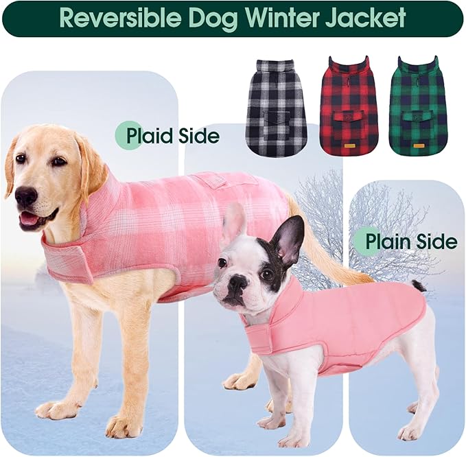 Kuoser Reversible Winter Coat, British Style Jacket for Medium and Large Dogs - Warm Windproof Puppy Cold Weather Clothes Vest, Pink L