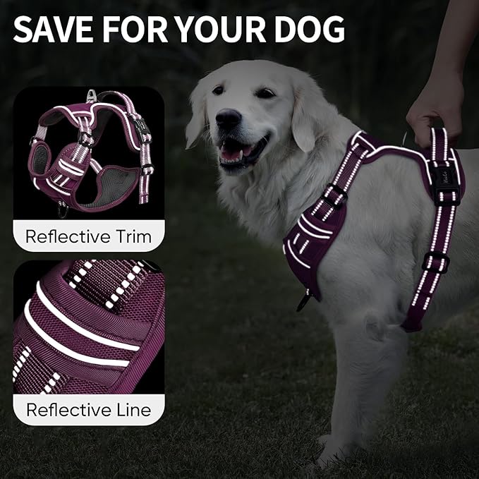 HEELE Dog Harness for Large Dogs No Pull Dog Vest Harness for Large Dog with Soft Padded Handle Reflective for Outdoor Training, Purple(Matching Trim), XL