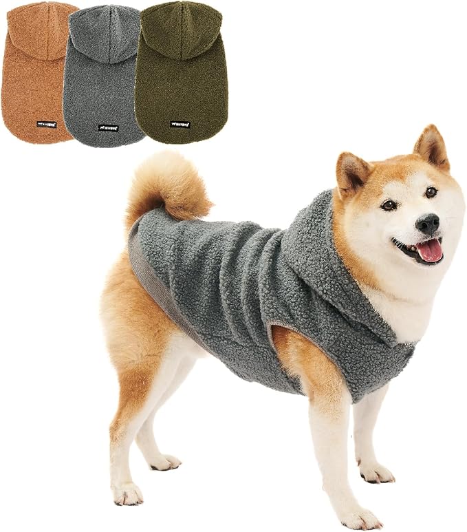 Tuff Pupper Fleece Dog Hoodie Sweater | Teddy Sherpa Outer & Soft Polar Fleece Lining | Adjustable Fit Winter Coat with Hood, Leash Hole, Ribbed Cuffs | for Small Medium Large XL XXL Dogs (Grey, M)