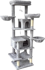 68" Grey Cute Cat Tree for Indoor Cats Large Adult, Tall Cat Tower with Scratching Post & Condo, Hammock, Aesthetic Cats Stand, Modern, Easy Assembly (Light Grey, 68" Tall)