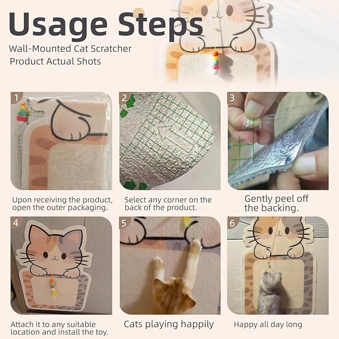 Wall-Mounted Cat Scratcher, 2025 Upgraded Indoor Cat Wall Scratcher — Self-Adhesive Double-Sided Tape, Trimable Scratching Surface, Suitable for Walls/Sofas/Floors (IncludesToy) (Calico Cat)
