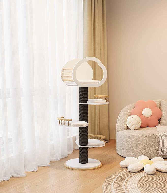 Cat Tree 54in Modern Cat Tree Tower with Scratching Posts, Natural Solid Wood Multi-Layer Cat Condo Tower for Indoor Cats, Luxury Cat House Furniture with Big Bed