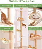 Floor-to-Ceiling Cat Tree Height Adjustable (50-120in) | 5-Level Heavy Duty Cat Activity Center with Scratching Posts, Jump Platforms, Hammock | Space-Saving Tall Cat Tower for Indoor Cats