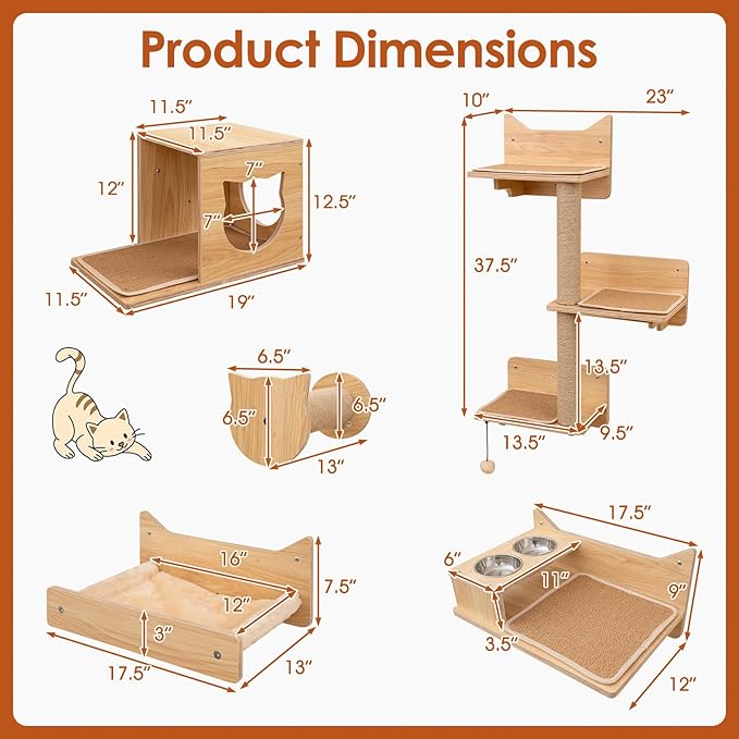 Tangkula Cat Wall Shelves, 6 Pieces Wooden Wall Mounted Kitten Furniture Set with Hammock, Food Water Bowl, 3-Step Cat Tree, Platforms, Scratching Posts & Hanging Toy, Cat Climber Steps (Natural)