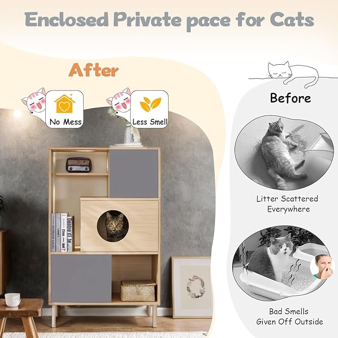 2-in-1 Modern Cat Tree Tower for Large Cats,Wooden Cat Tower with Litter Box Enclosure and Bookshelf/Storage Cabinet/Hidden Bed for Living Room Or Bedroom (Natural, 35.4") (Natural+Grey, 27.6)