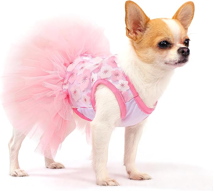 Dog Dress, Fashion Puppy Tutu Princess Dresses for Small Dogs Girl, Sweet Skirt with Dog Bowknot Clips, Spring Dog Cat Clothes Pet Apparel (Pink Floral Dress, Small)