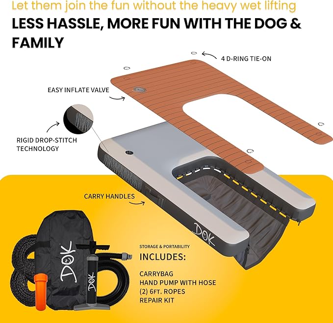 DOK Dog-DOK Inflatable Dock Platform: Safe & Easy Water Access for Dogs Up to 230 lbs; Floating Non-Slip EVA Foam with Dog Boat Ramp for Pool, Dock, & Lake | Military Grade & High Visibility