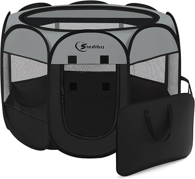 Dark Grey Dog Cat Playpen, Puppy Pet Playpen, Small Dogs Tent Crates Cage Indoor/Outdoor, Portable Pop Up Dog Kennel Playpen with Carrying Case for Dogs/Cats/Rabbits
