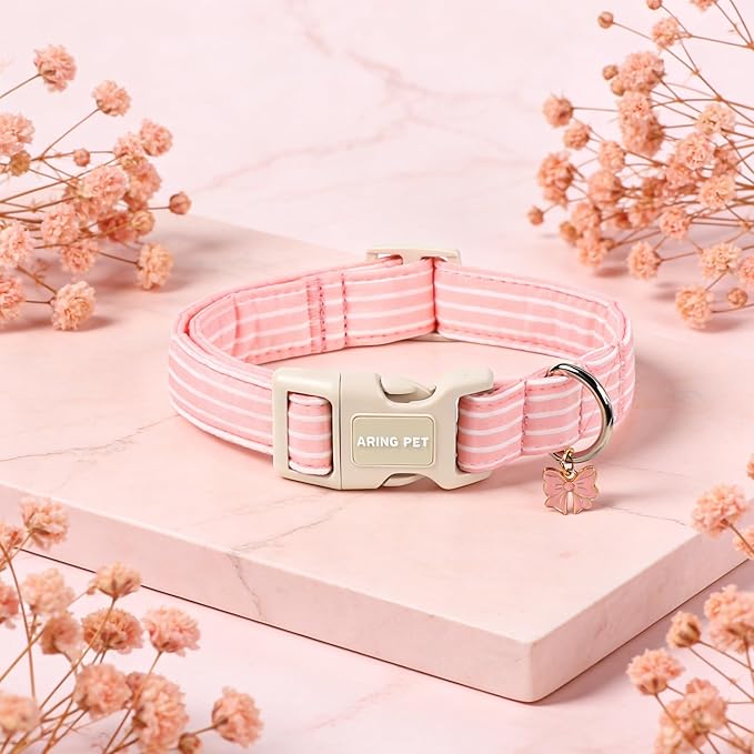 ARING PET Stripe Dog Collar, Cute Spring Summer Pink Stripe Pet Collars with Bow Charm for Puppy Small Medium Large Female Girl Dogs-L, for Daily Outdoor Walking Training