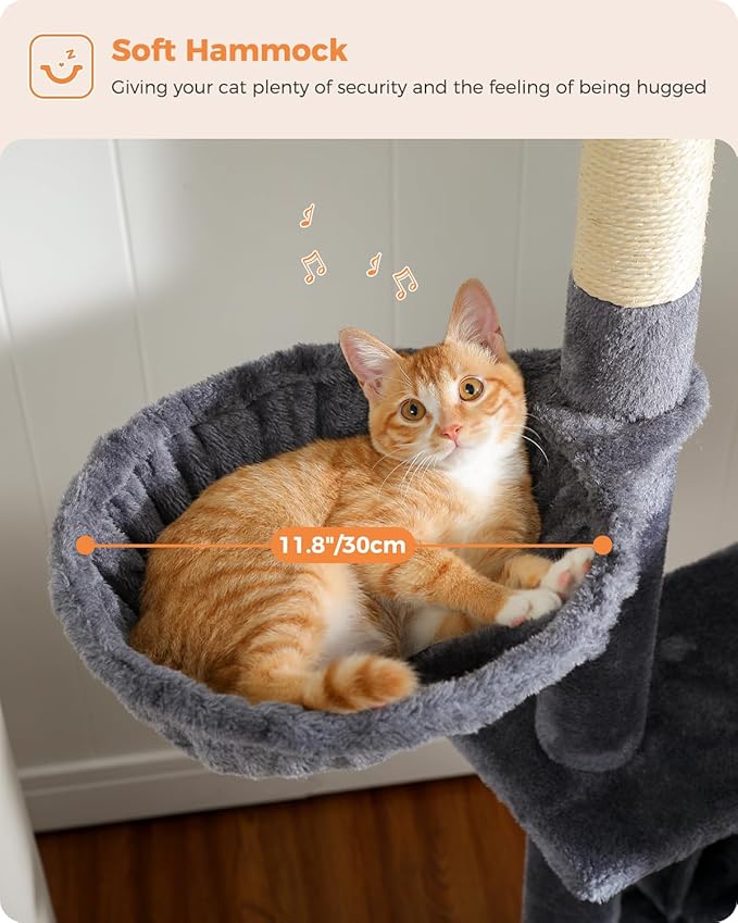PEQULTI 56.3'' Cat Tree for Large Cats with Super Large Top Perch, Tower for Indoor Cats with Hammock and Sleeping Bag, Cat Shelves with Scratching Posts and 2 Condos Houses Dark Grey