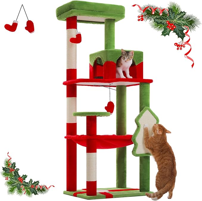 PETEPELA Christmas Cat Tree for Indoor Cats, 56.3'' Tall Multi-Level Cat Tower with Super Large Hammock (20''X16''), Sisal Covered Scratching Posts, Cozy Condo and Top Perch, Christmas Style