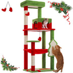 PETEPELA Christmas Cat Tree for Indoor Cats, 56.3'' Tall Multi-Level Cat Tower with Super Large Hammock (20''X16''), Sisal Covered Scratching Posts, Cozy Condo and Top Perch, Christmas Style