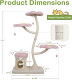 COZIWOW 57" Heavy Duty Cat Tree for Large Cats, Aesthetic Pink Metal Tube Cat Tower with Large Condo & Flower Perches, Multi-Level Indoor Cat House with Scratching Post