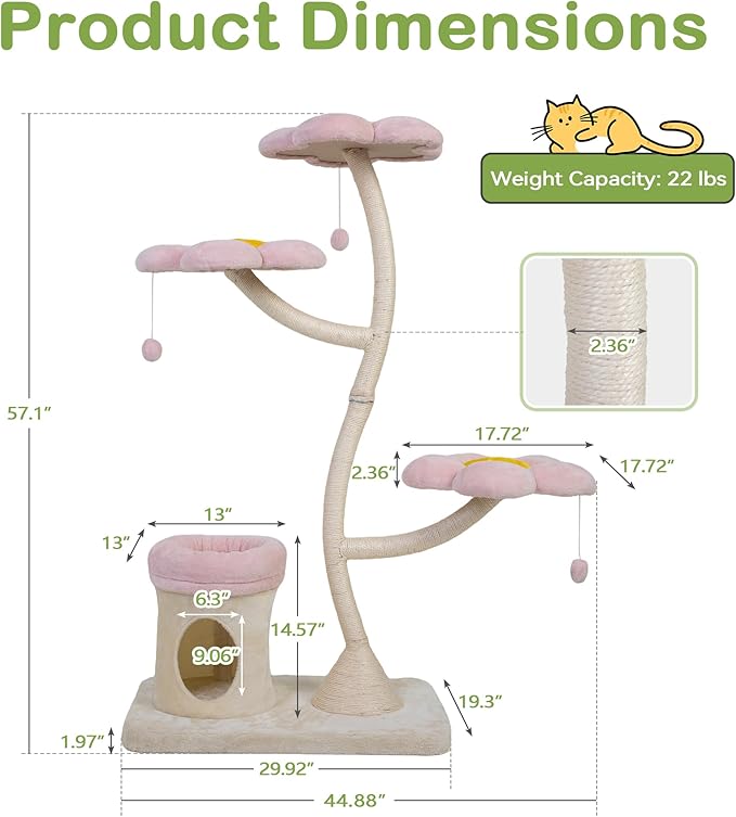 COZIWOW 57" Heavy Duty Cat Tree for Large Cats, Aesthetic Pink Metal Tube Cat Tower with Large Condo & Flower Perches, Multi-Level Indoor Cat House with Scratching Post