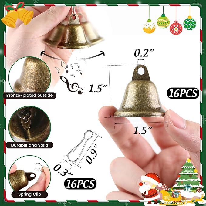 BigOtters Craft Bells, 16PCS Bronze Jingle Vintage Bells (1.5" X 1.7") with Spring Hooks Hanging for Wind Chimes Housebreaking Making Dog Potty Training Doorbell Wedding Decor DIY Favor