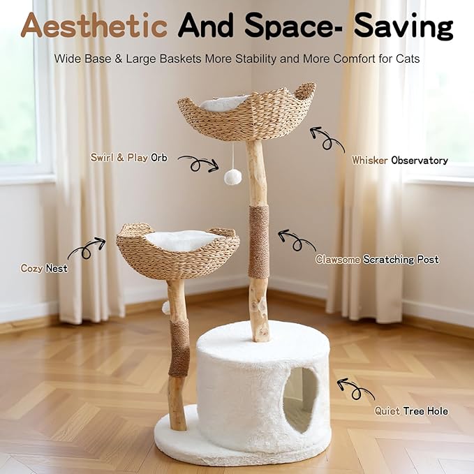 46 Inch Modern Cat Tree Tower, Solid Wood Cat Condo with 2 Soft Baskets, Scratching Post for Climbing, Multi-Level Activity Center for Large Indoor Cats, Sturdy and Stable Design