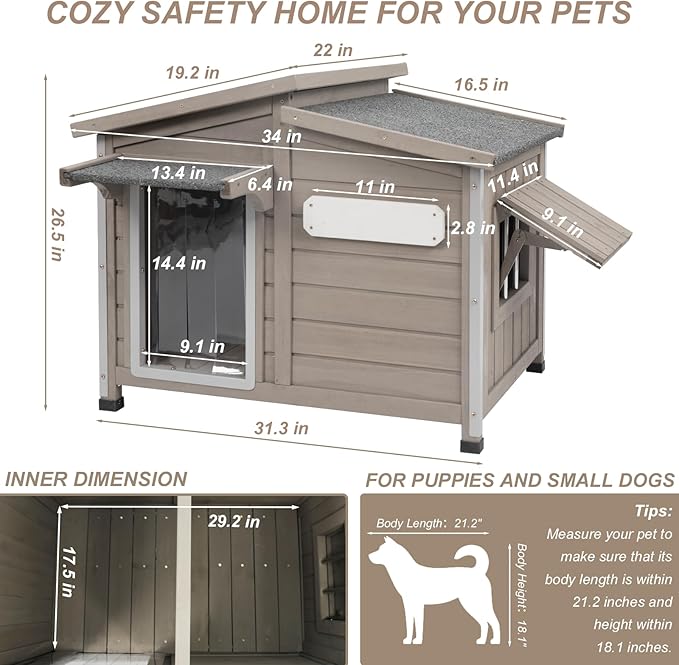 PetsCosset Wooden Dog House Outdoor, Anti-Chewing Iron Frame Dog Kennel Outside, Weatherproof Outside Shelter Pet House for Small, Medium, and Large Dogs with Elevated Floor (Grey, 34" L*22" W*27" H)