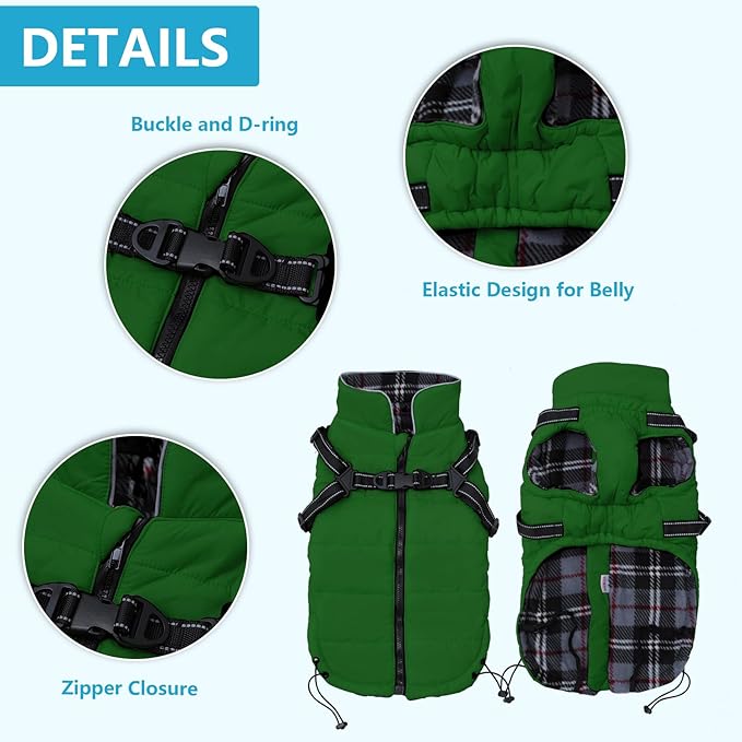 Geyecete Winter Warm Coat Waterproof Dog Jacket with Harness Traction Belt, Pet Outdoor Jacket - Green, XL