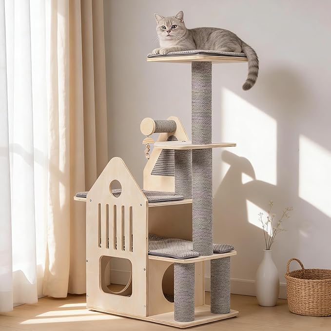 Wood Cat Tree for Indoor Cats,Cat Tower with Scratching Post and Mutil-Level Cat Houses,44.5 Inch Tall