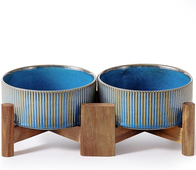 Getstar Ceramic Dog Bowls Set with Acacia Wood Stand, 3.5 Cups Pet Bowls Set of 2 for Medium Dogs, Cute Dog Food Bowl, Cat Bowls