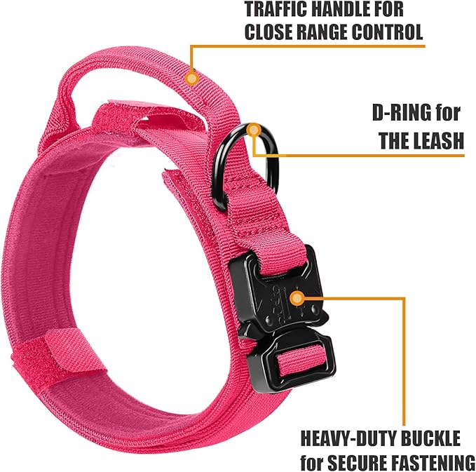 Tactical Bungee Leash & Military Dog Collar Set, USA Flag Adjustable K9 Collar with Heavy Duty Metal Buckle & Handle, Patches & Airtags Case (Pink, XL)