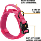 Tactical Military Collar - Adjustable Nylon, Heavy Duty Metal Buckle with Handle for Dog Training, with Patches (Pink, L)