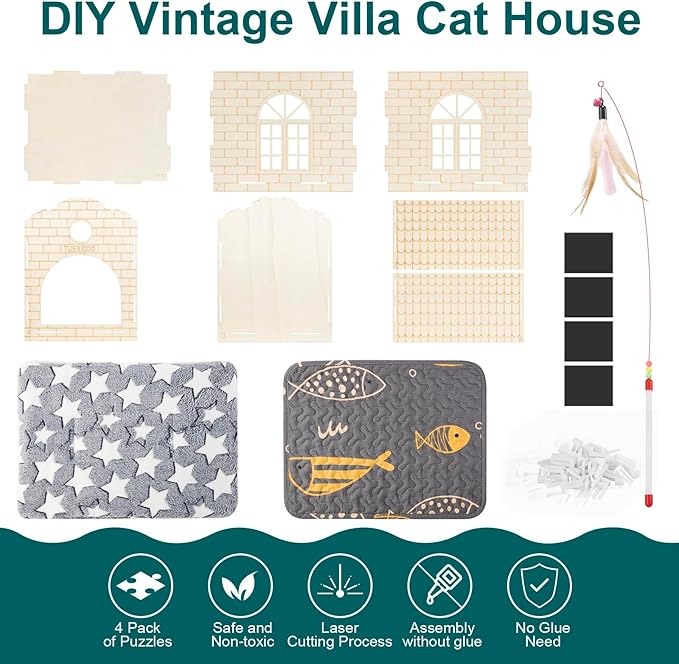 DIY Cat House Assembly cat Houses for Indoor Large Cat Cave Wood Cat Houses for Cats, Kittens, Small Dogs Cat Hideaway