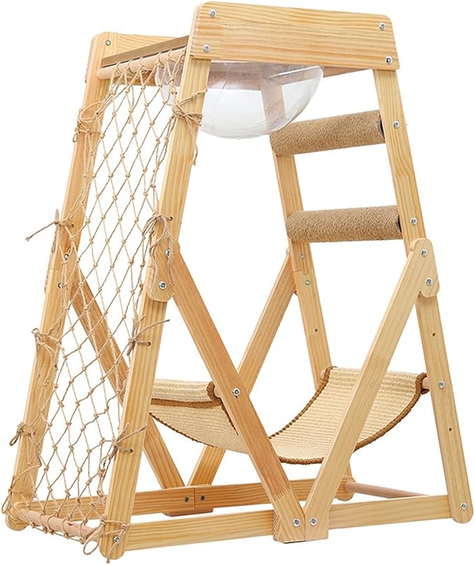 Wooden Cat Tree, Cat Tree House, Triangle Design with Cat Hammock & Sisal Scratch Post & Feather Toys, Solid Wood Cat Tower (Size : Upgraded Model)