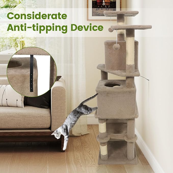 PETSITE 57-inch Modern Cat Tree, Multi-Level Cat Tower with 2 Comfy Condos, Sisal Scratching Posts, Plush Top Perch, Snug Hammock, and Dangling Balls, Ideal for Indoor Cats and Kittens (Coffee)