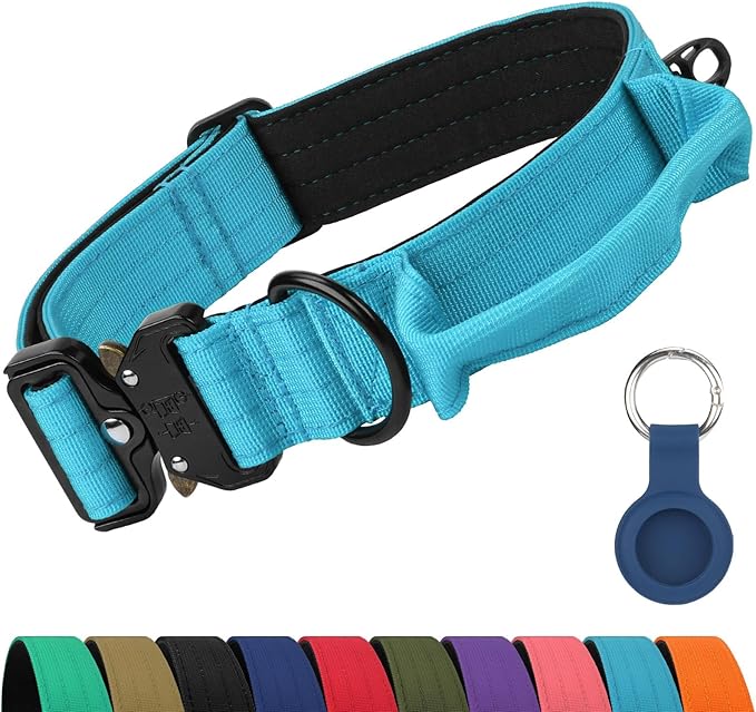 Joytale Tactical Dog Collar for X-Large Dogs with Control Handle, Heavy Duty Military Training Collar for Power Breeds, AirTag Holder Case, Quick Release Metal Buckle, Soft Padded, XL, Sky Blue