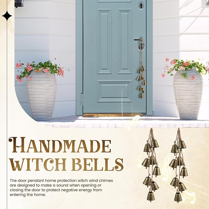 2 Pack Witch Bells for Door Knob Protection Outdoor Bells Hanging Bells for Door knob Witches Bells Magic Wind Chimes for Home Protection Witch Bells Kit(Rustic)