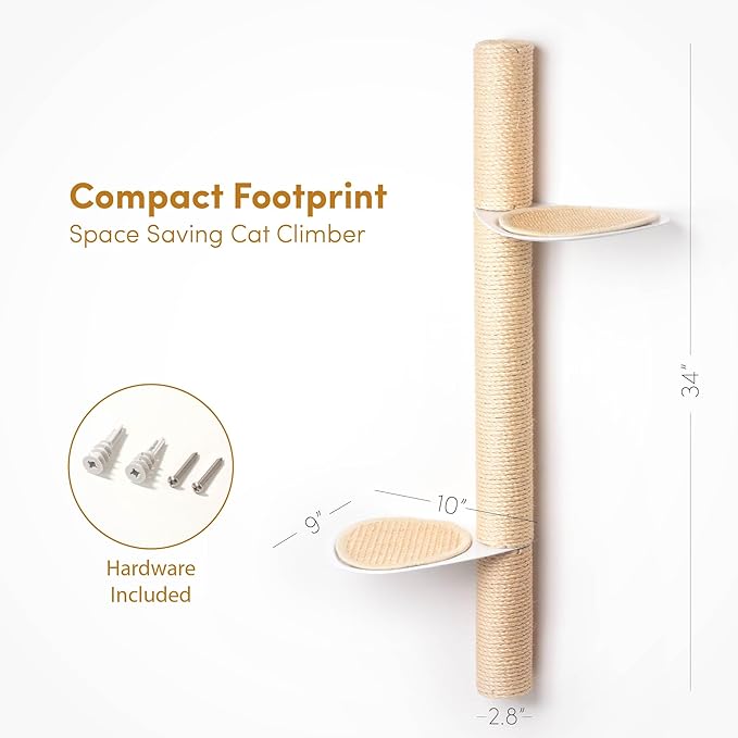 34" Wall-Mounted Cat Tree – Modern Space-Saving Cat Shelf with Sisal Scratching Post & Steel Climbing Steps – Stylish Cat Wall Furniture for Small Spaces