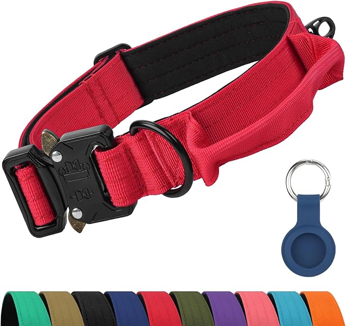 Joytale Tactical Dog Collar for Medium Dogs with Control Handle, Heavy Duty Military Training Collar for Power Breeds, AirTag Holder Case, Quick Release Metal Buckle, Soft Padded, M, Red