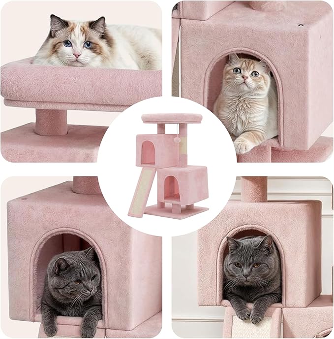 34" Cat Tree Tower Multi-Level Cat Condo with Large Perch, Sisal Scratching Posts and Sisal Ramp for Kittens to Adults Cats, Fits Living Room, Bedroom, Apartments (Pink)