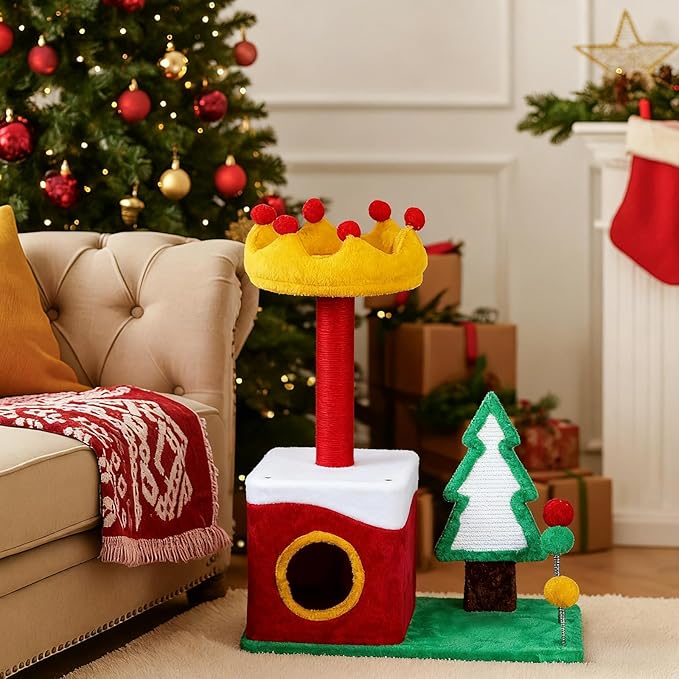 Christmas Decorations, Christmas Cat Tree with Crown Perch, 29.5in Festive Cat Tower with Sisal Scratching Ramp & Hanging Toys, Small Holiday Cat Condo for Indoor Cats, Christmas Decor for Pet