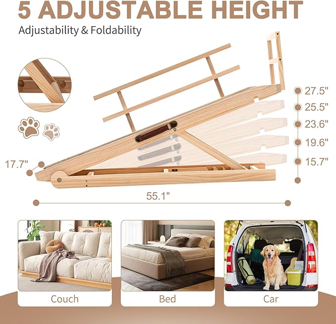 SLSY Dog Ramp for Beds & Couches, Upgraded Folding Adjustable Ramp with Non-Slip Rubber Mat, 55" Long, 5 Heights (15.7"–27.5"), Portable Wooden Step Supports Up to 220 lbs for Dogs & Cats (Natural)